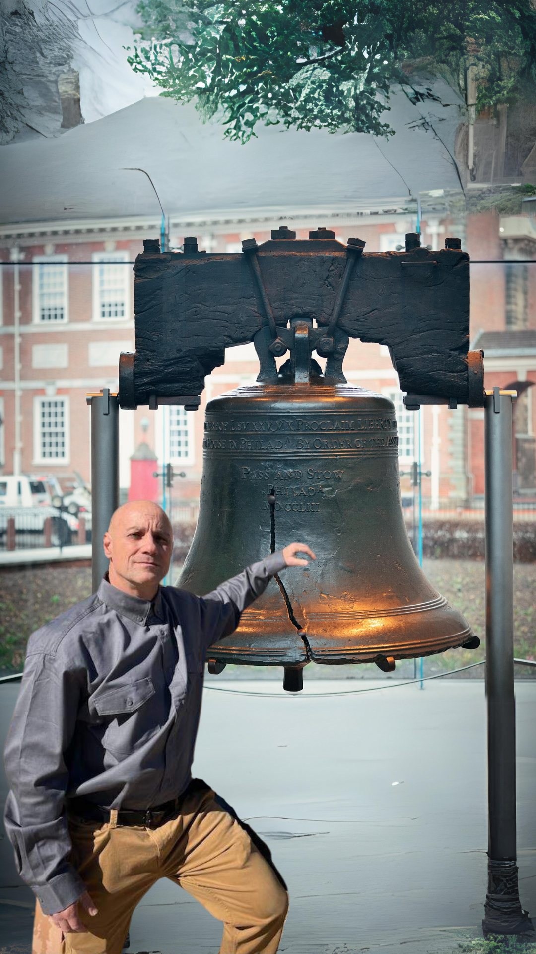 "Christian Lowery standing by the Liberty Bell, symbolizing freedom and the spirit of independence."