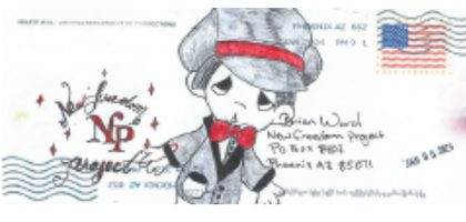 "Envelope art from an incarcerated artist featuring a stylized figure in a hat and bow tie, adorned with musical notes and New Freedom Project initials, symbolizing dignity and resilience."