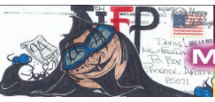 "Prison art on an envelope featuring a figure with sunglasses, music notes, and a bold 'HELP' message, submitted to the New Freedom Project by an incarcerated artist."